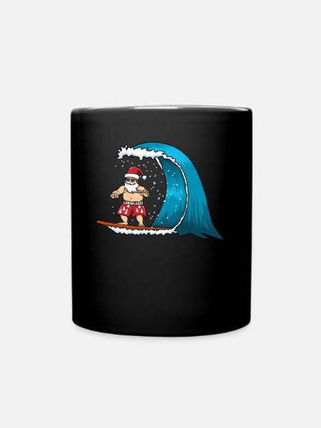 Surfing Santa Christmas Beach Surfboard Surfer - Full Colour Mug - black