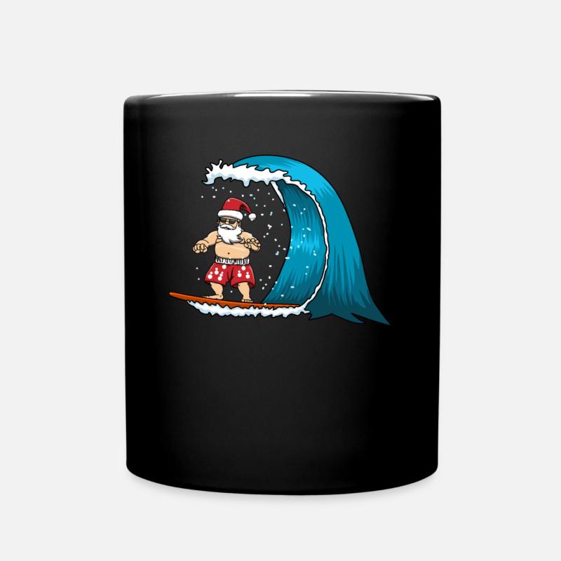 Surfing Santa Christmas Beach Surfboard Surfer - Full Colour Mug - black
