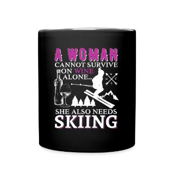 Can't Survive On Wine Alone Skiing Funny Quote - Full Colour Mug - black - Front