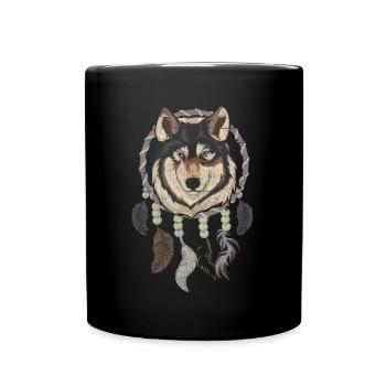 Indian Feathers Boho Dream Catcher Wolf - Full Colour Mug - black - Front