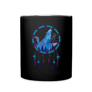 Howling Wolf Gift Indian Dream Catcher - Full Colour Mug - black - Front