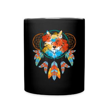 Animal Motif Cadeau Loup Indien Boho Capteur de Rêves - Mug uni - noir - Devant