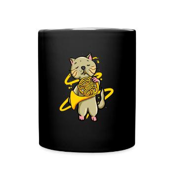 Drôle de chat jouant Français instrument de cor - Mug uni - noir - Devant