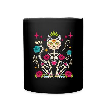 Dia De Los Muertos Sugar Skull Skelett Katze - Tasse einfarbig - Schwarz - Vorne