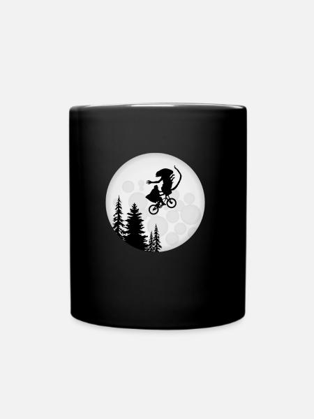 Alien im Fahrradkorb Lustig Mond Silhouette - Tasse einfarbig - Schwarz