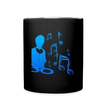 DJ mit Plattenspieler und Musiknoten Musik Techno - Tasse einfarbig - Schwarz - Vorne