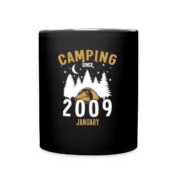 Geburtstag: Camping seit Januar 2009 Zelten - Tasse einfarbig - Schwarz - Vorne