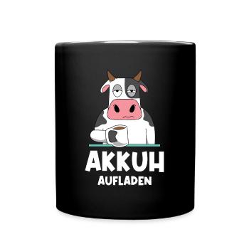 Wortspiel Kuh Akku Leer Kaffee Akkuh Aufladen - Tasse einfarbig - Schwarz - Vorne