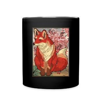 Cherry Blossom Forest Animal Sakura Gift Fox - Full Colour Mug - black - Front