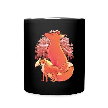 Cherry Blossom Forest Animal Sakura Fox Gift Fox - Full Colour Mug - black - Front
