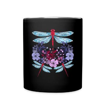 Insect Lover Gift Pretty Flowers Dragonfly - Full Colour Mug - black - Front