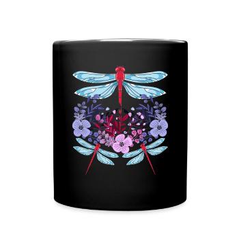 Insect Lover Gift Colorful Flower Dragonfly - Full Colour Mug - black - Front