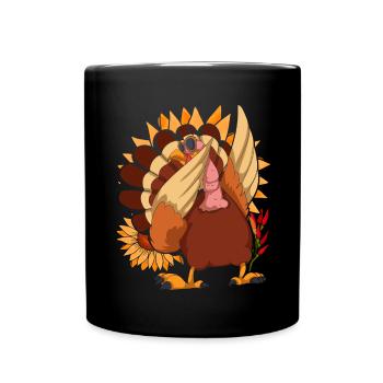 Autumn Animal Sunflower Gift Dabbing Turkey - Full Colour Mug - black - Front