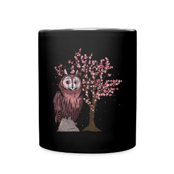 Tier Kirschblüten Baum Vogel Geschenk Sakura Eule - Tasse einfarbig - Schwarz - Vorne