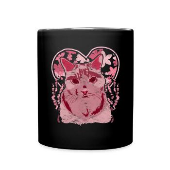 Cherry Blossom Heart Pet Gift Sakura Cat - Full Colour Mug - black - Front