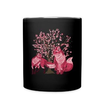 Cherry Blossom Tree Forest Animal Gift Sakura Fox - Full Colour Mug - black - Front