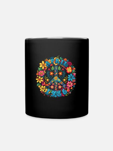 Flower Power Hippie Birthday - April 1986 - Full Colour Mug - black