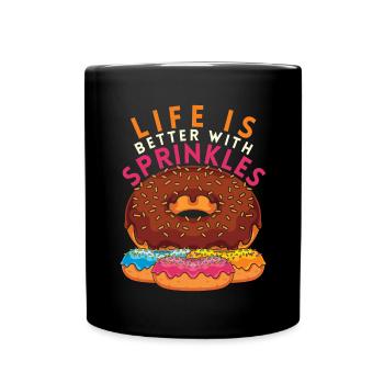Süßigkeiten Snack Geschenk Lustiges Streusel Donut - Tasse einfarbig - Schwarz - Vorne