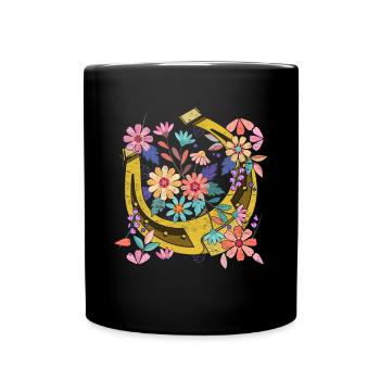 Pferde reiten Geschenk Hübsches Blumen Hufeisen - Tasse einfarbig - Schwarz - Vorne