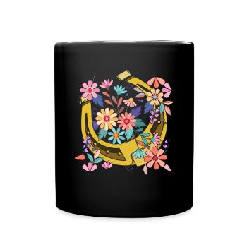 Pferdesport Reiten Geschenk Blumen Hufeisen - Tasse einfarbig - Schwarz - Vorne
