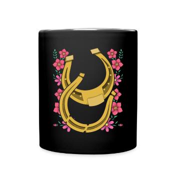 Pferde Reiten Geschenk Reiter Blumen Hufeisen - Tasse einfarbig - Schwarz - Vorne