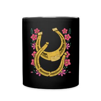 Pferdesport Geschenk Hübsches Blumen Hufeisen - Tasse einfarbig - Schwarz - Vorne