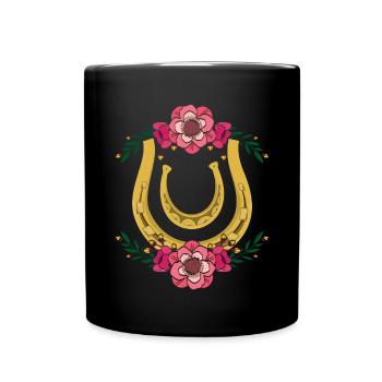 Pferdesport Blumen Pferd Reiten Geschenk Hufeisen - Tasse einfarbig - Schwarz - Vorne