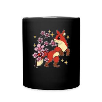 Sakura Woodland Creature Gift Cherry Blossom Fox - Full Colour Mug - black - Front