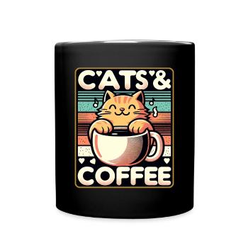 Katzen und Kaffee im Vintage Stil - Tasse einfarbig - Schwarz - Vorne