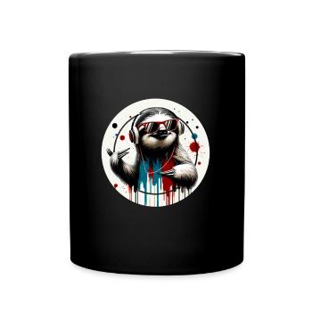 Lustiges Faultier mit Kopfhörer und Sonnenbrille - Tasse einfarbig - Schwarz - Vorne