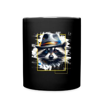 Waschbär Strohhut - Tiermotiv Kunst Tier Waschbär - Tasse einfarbig - Schwarz - Vorne