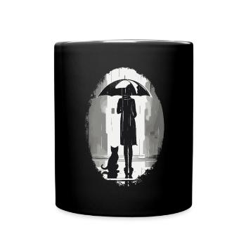 Femme et chat attendant sous un parapluie sous la pluie - Mug uni - noir - Devant
