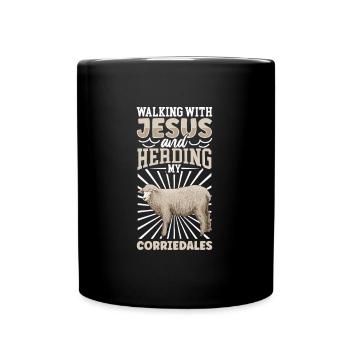 Jesus and Sheep - Corriedale Domestic Sheep - Full Colour Mug - black - Front