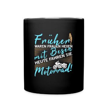 Bikerfrau Bikerhexe Bikerin Geschenk Besen Bike - Tasse einfarbig - Schwarz - Vorne