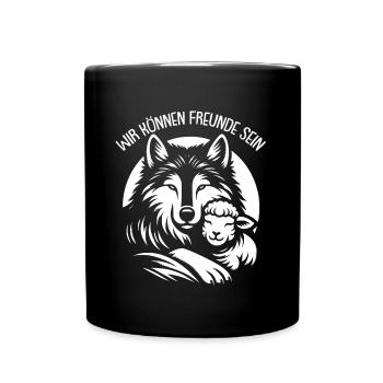 Wolf und Lamm wir können alle Freunde sein - Tasse einfarbig - Schwarz - Vorne