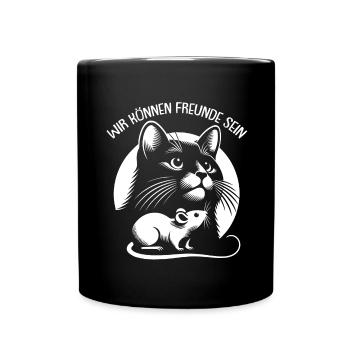 Katze und Maus in Freundschaft Frieden und Liebe - Tasse einfarbig - Schwarz - Vorne