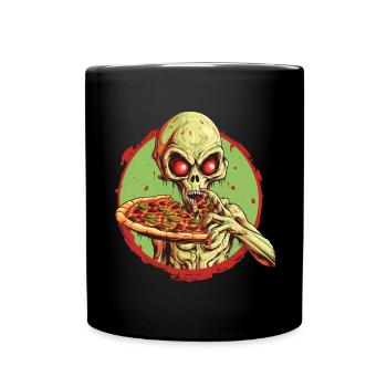 Green Alien with Pizza: Halloween Fast Food Fun - Full Colour Mug - black - Front