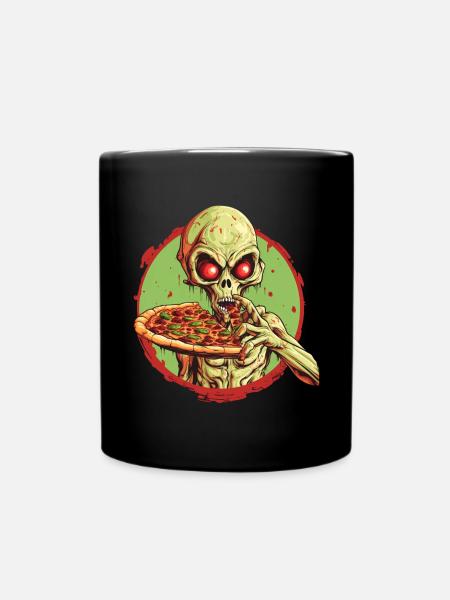 Grüner Alien mit Pizza: Halloween Fast-Food-Spaß - Tasse einfarbig - Schwarz