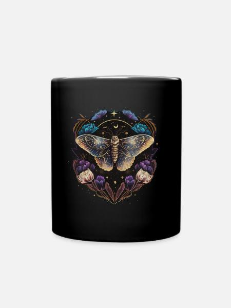 Moth, papillon de nuit, fleurs, lune, gothique, wicca - Mug uni - noir