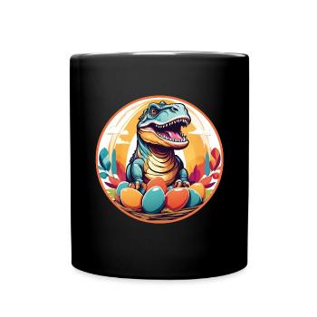 Kleiner Dino im Osternest Dinobaby und Ostereier - Tasse einfarbig - Schwarz - Vorne