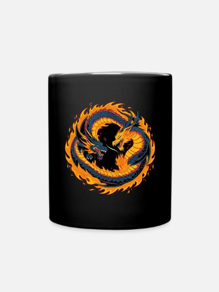 Zwei Drachen unter Feuer - Japanisches Design - Tasse einfarbig - Schwarz
