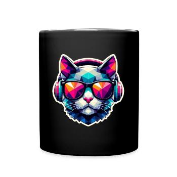 Cat Glasses Headphones Colorful Polygon - Full Colour Mug - black - Front
