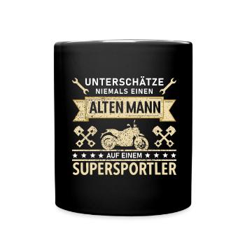 Unterschätze Alten Mann Supersportler Motorrad Opa - Tasse einfarbig - Schwarz - Vorne