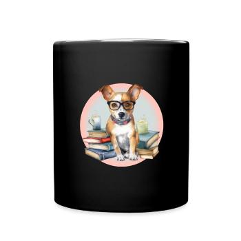 Funny dog with books, glasses and coffee mugs - Full Colour Mug - black - Front