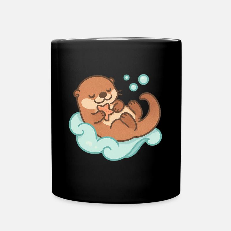 Kawaii Otter with Starfish - Full Colour Mug - black