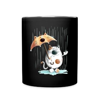 Katze im Regen mit Regenschirm I Hundewetter - Tasse einfarbig - Schwarz - Vorne