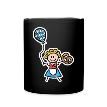 Lustiges Madl im Dirndl mit Luftballon und Brezel - Tasse einfarbig - Schwarz - Vorne