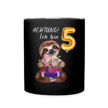 Achtung Ich bin Fünf Lustiges Faultier Geburtstag - Tasse einfarbig - Schwarz - Vorne