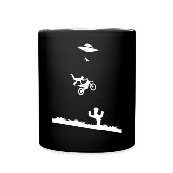 Motocross Stunt Mit Aliens und Kuh - Tasse einfarbig - Schwarz - Vorne
