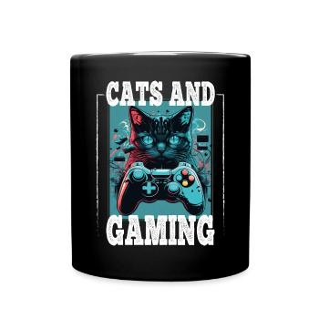 Cats and Gaming Cat Kitten Controller Gaming - Full Colour Mug - black - Front